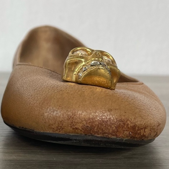 ALEXANDER Mcqueen Tan Leather Gold Rhinestone Skull Ballet Flats - Picture 13 of 14